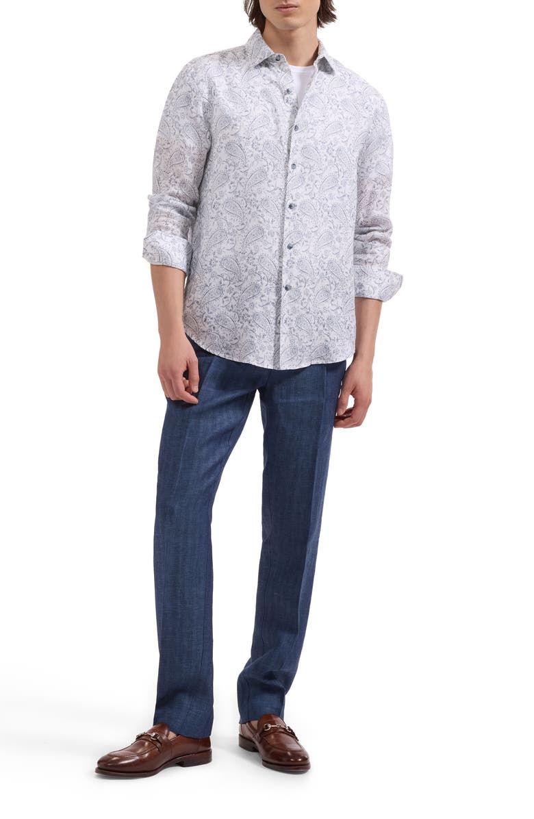 Bugatchi Julian Shaped Fit Paisley Print Linen Button-Up Shirt, Alternate, color, White