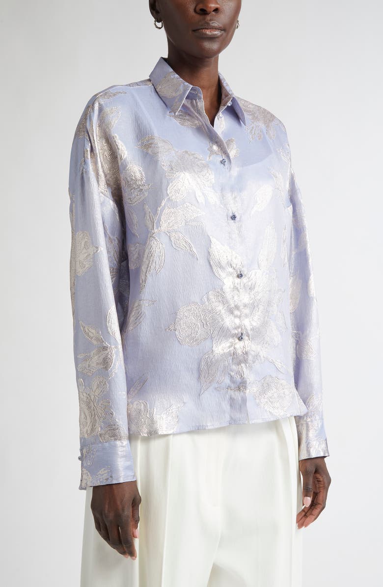 ST. JOHN Sharon Floral Jacquard Button-Up Shirt, Alternate, color, Blue Lagoon