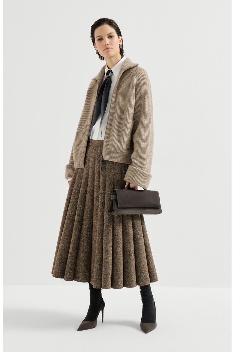 Sparkling cashmere, mohair and wool ribbed cardigan with shiny zipper pull, Alternate, color, Light Brown
