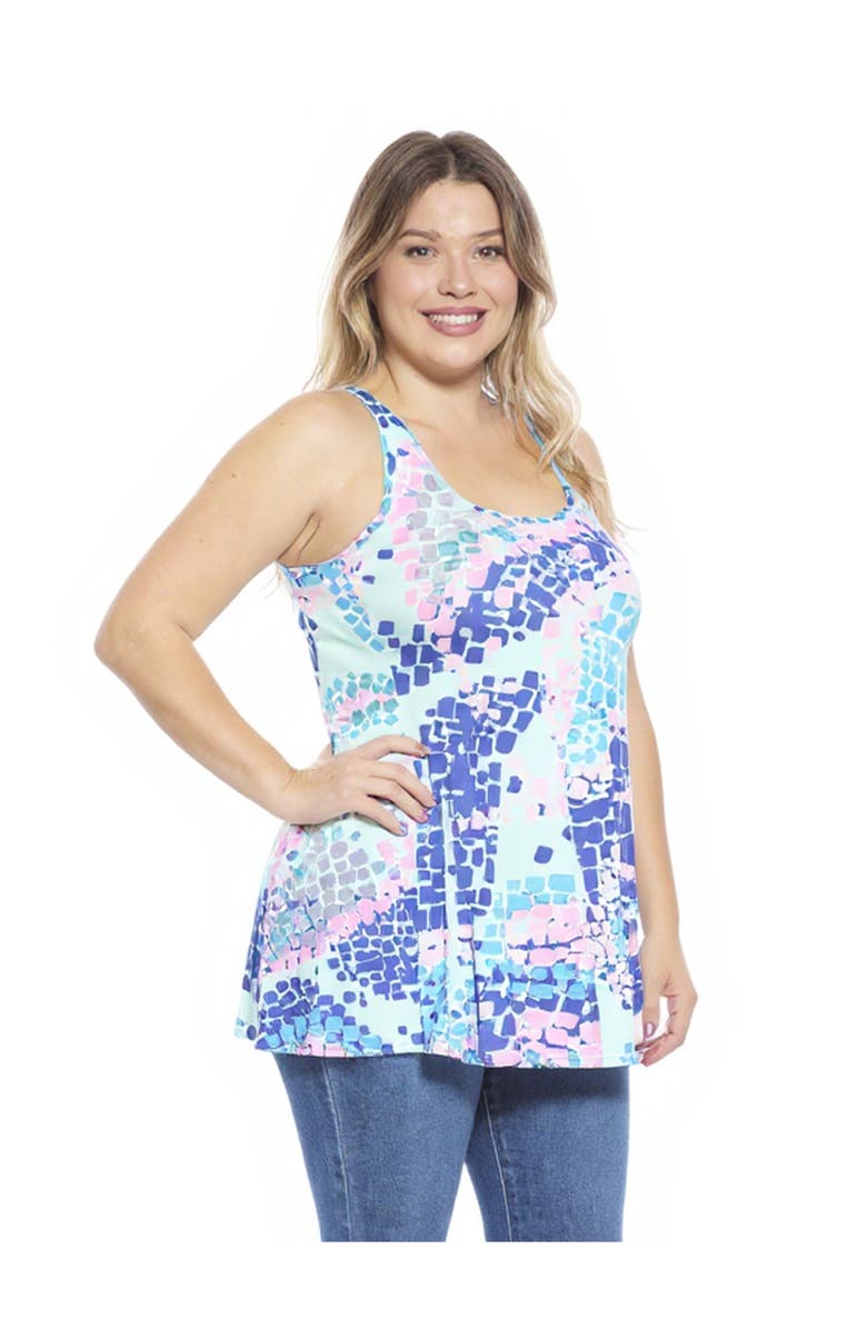 24seven Comfort Apparel Plus Size Abstract Scoop Neck Tunic Tank Top, Alternate, color, Blue Multi