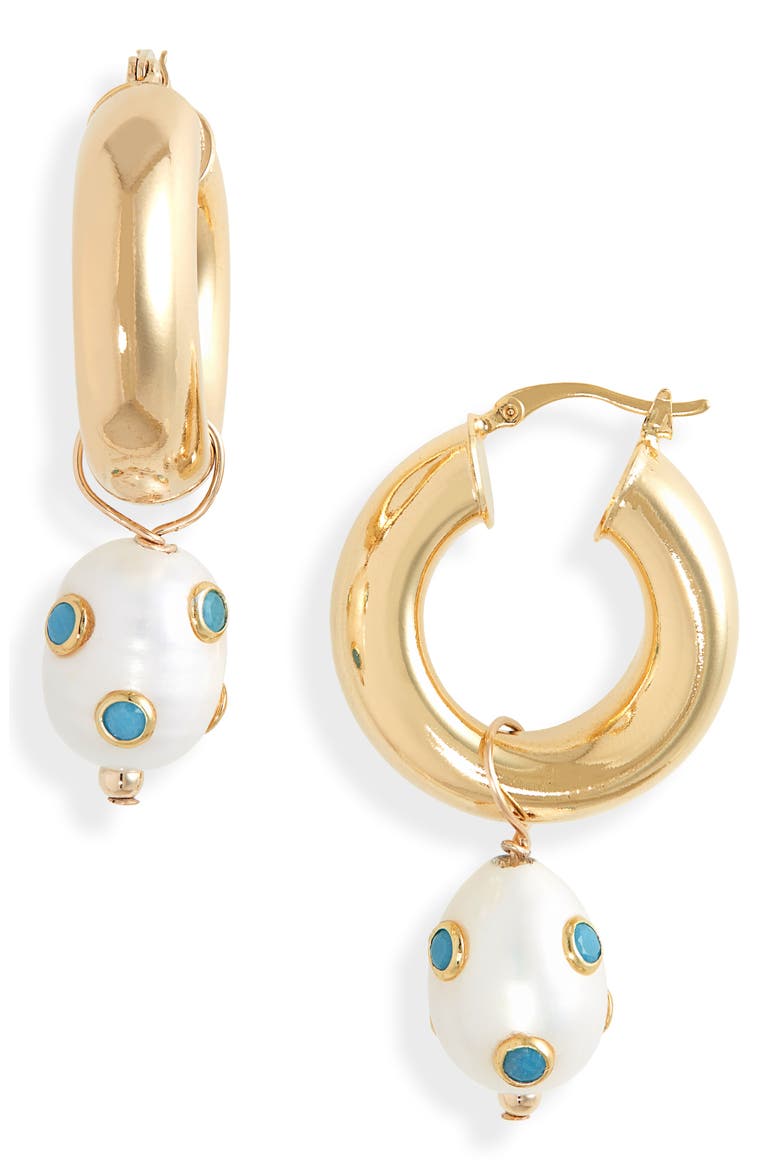 Lamia Freshwater Pearl & Turquoise Hoop Earrings, Main, color, TURQUOISE