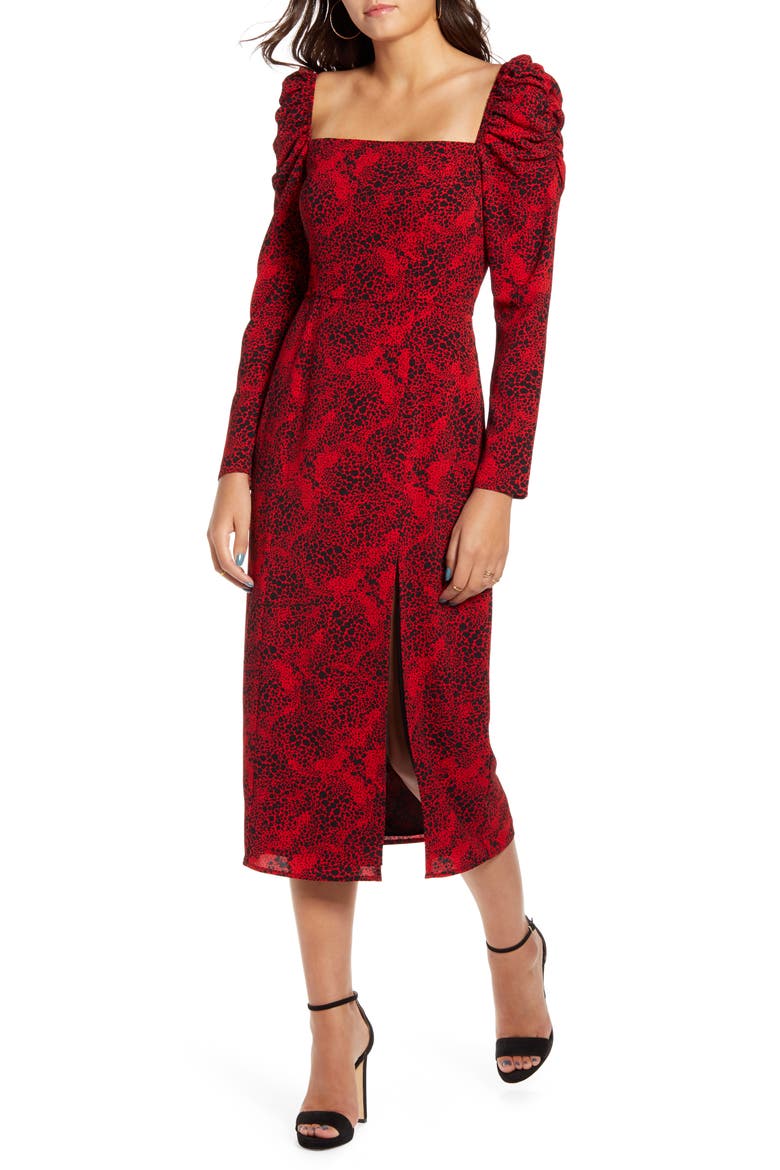 Spatter Print Square Neck Long Sleeve Midi Dress, Main, color, RED CHILI- BLACK DOT