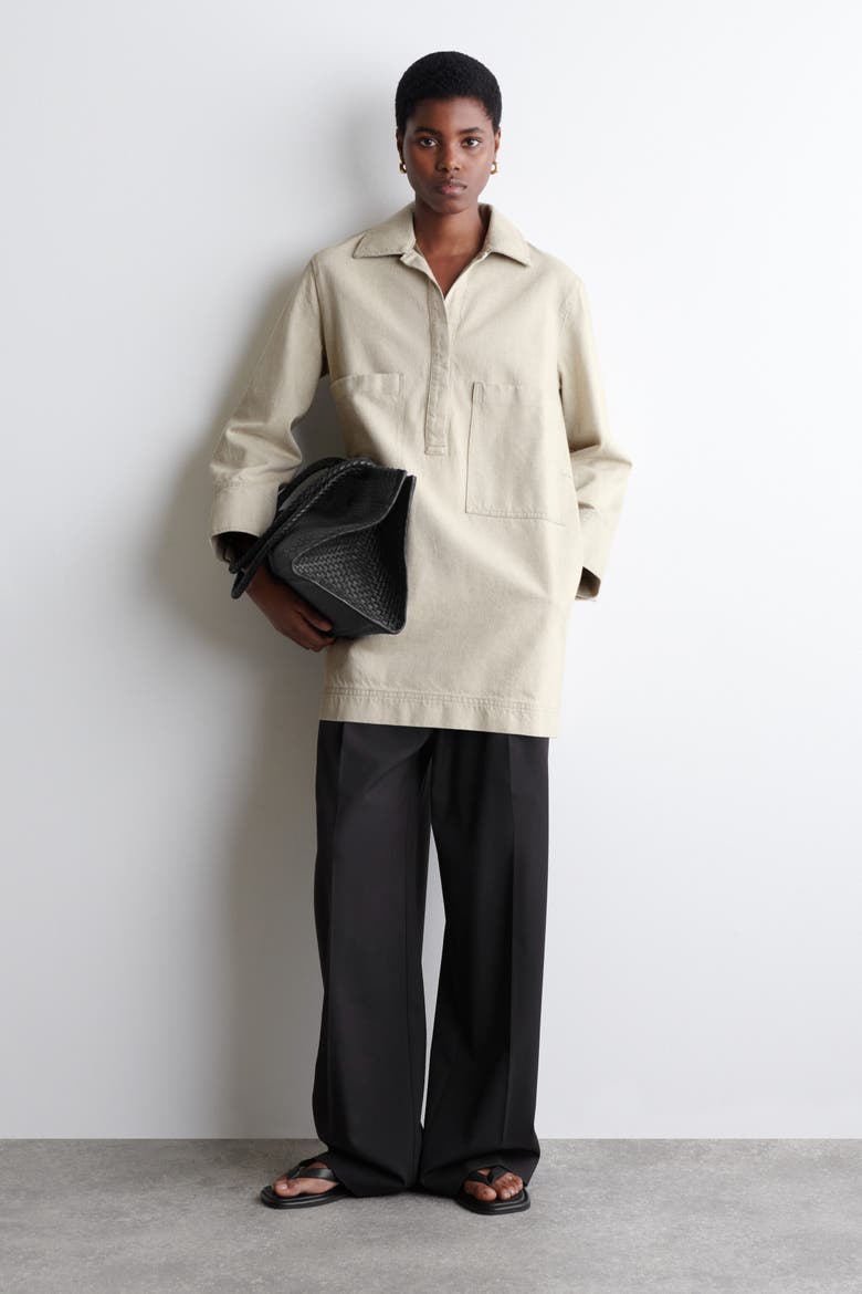 Open-Collar Denim Shirt Dress, Alternate, color, BEIGE