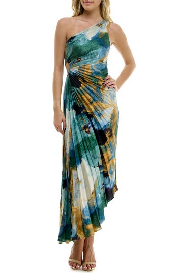 Socialite Print Asymmetric Hem Pleated Maxi Dress In Multi