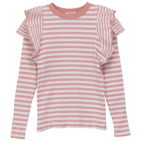 Striped Rib Ruffle Shoulder Stretch T Shirt