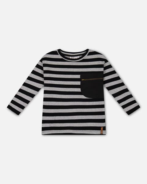 Deux Par Deux Striped Rib Tee - Black and Gray