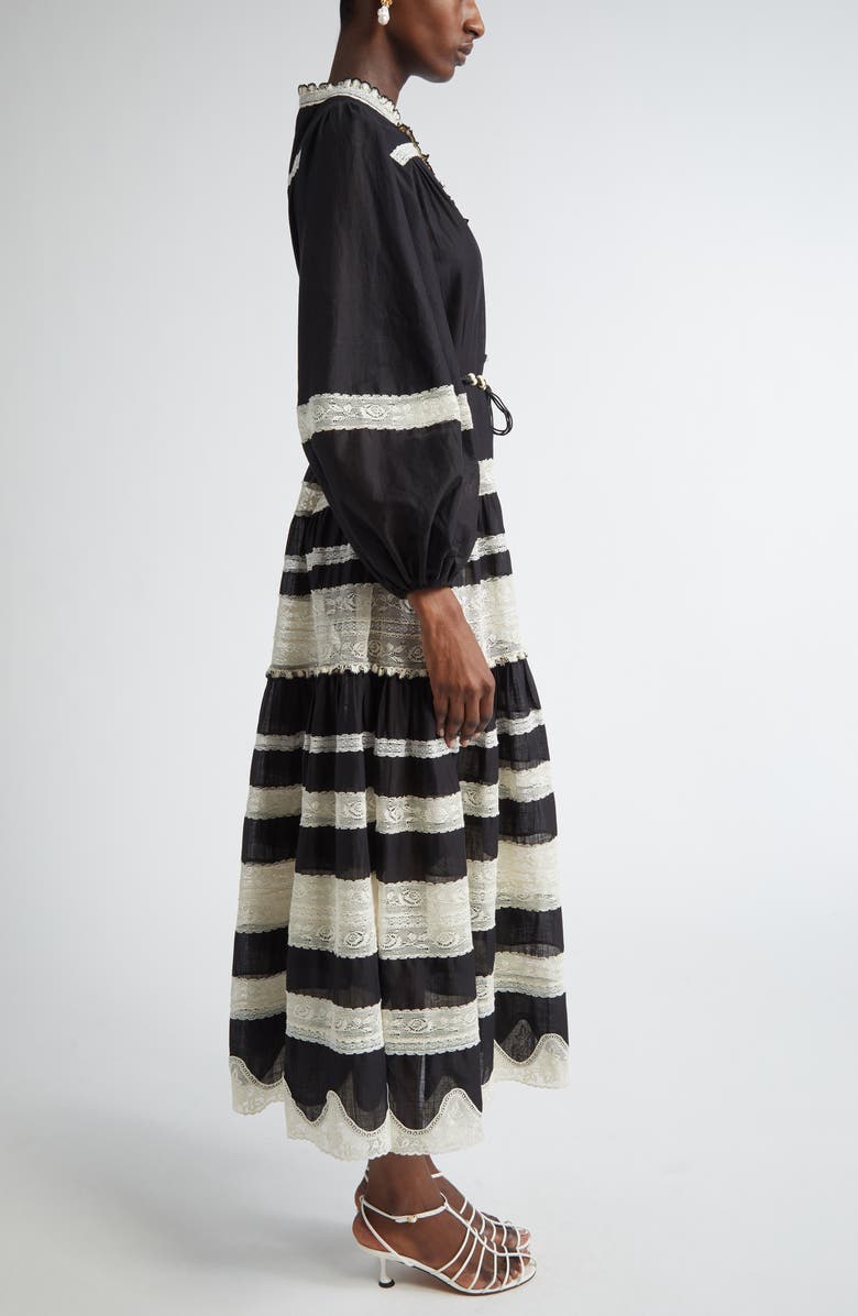 Zimmermann Rhiannon Lace Stripe Long Sleeve Billow Midi Shirtdress, Alternate, color, Black/ Cream