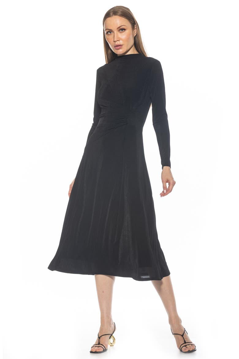 Marla Long Sleeve Draped Midi Dress, Alternate, color, BLACK
