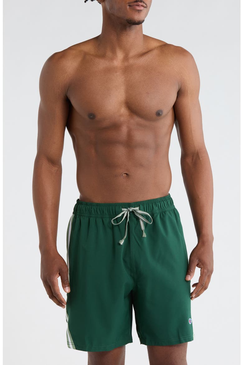 Stripe Tape Trim Swim Trunks, Main, color, GREEN