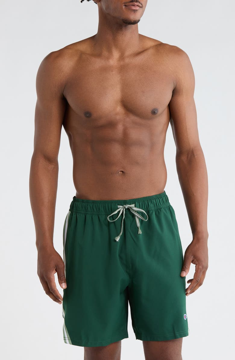 Champion Stripe Tape Trim Swim Trunks, Main, color, Green