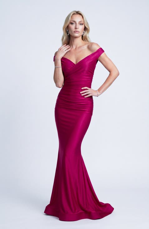 Ruched Off TheShoulder Flared Gown