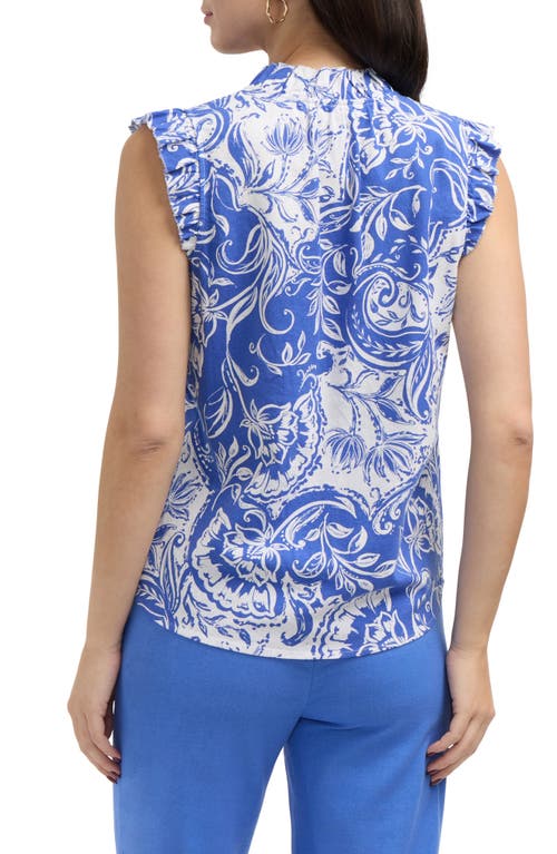 Ellen Tracy Ruffle V-neck Top In Azure Batik Floral