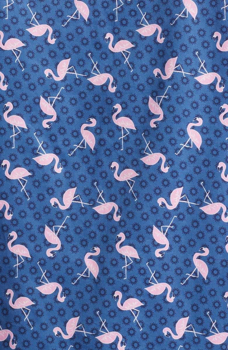 Johnston & Murphy Flamingo Print Short Sleeve Button Up Shirt, Alternate, color, Navy/ Pink