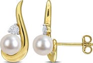 DELMAR 6-6.5mm Cultured Freshwater Pearl & White Sapphire Stud Earrings