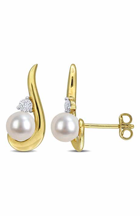 DELMAR 6-6.5mm Cultured Freshwater Pearl & White Sapphire Stud Earrings