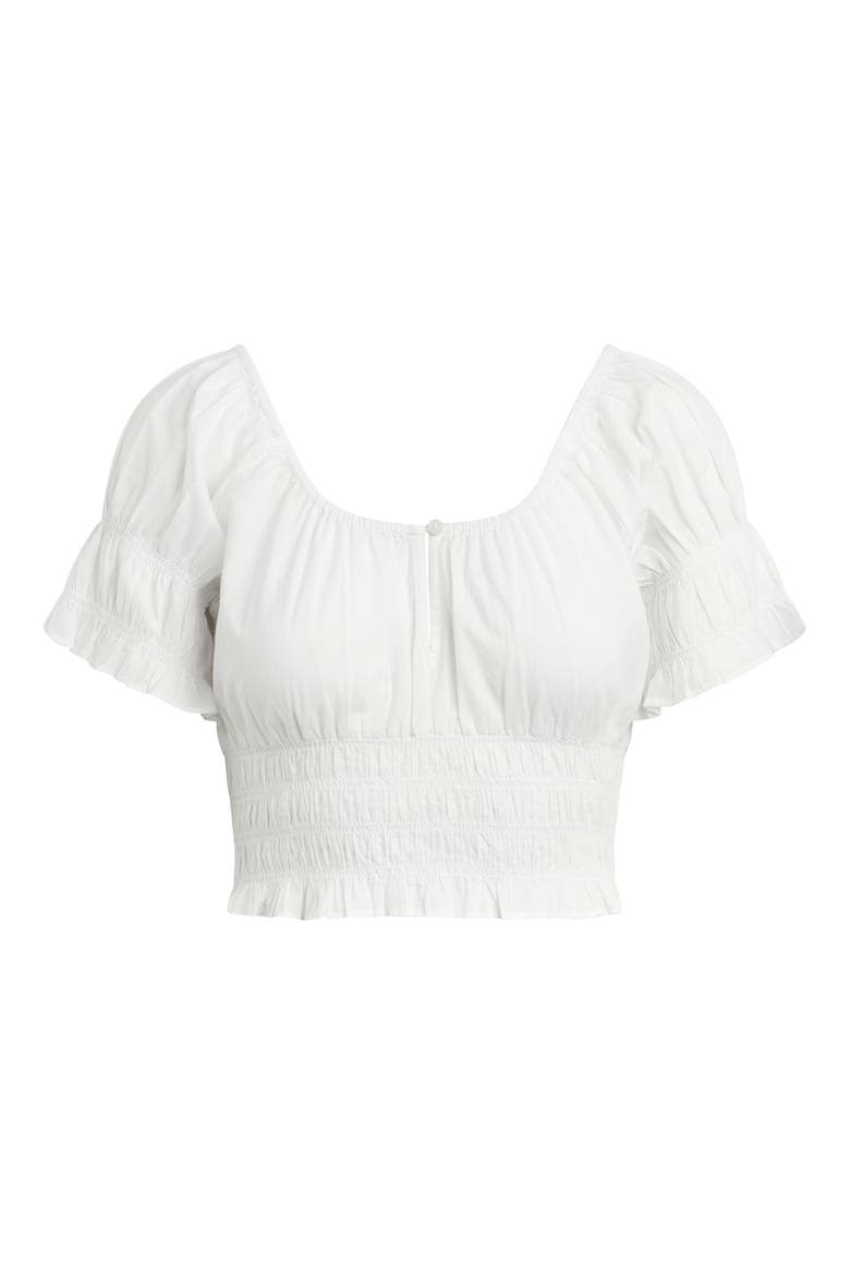 The Swoon Ruffle Trim Smocked Crop Top, Alternate, color, WHITE