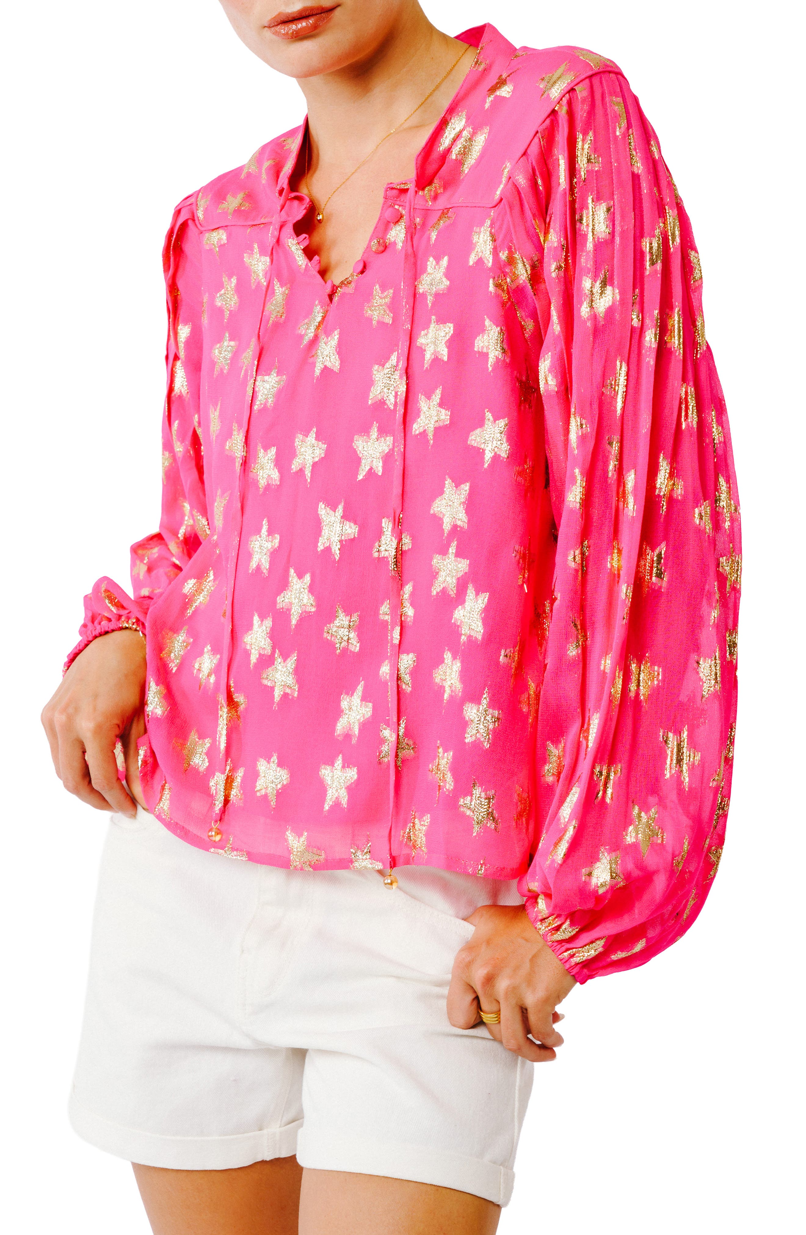 CIEBON Burnelle Metallic Star Long Sleeve Peasant Top