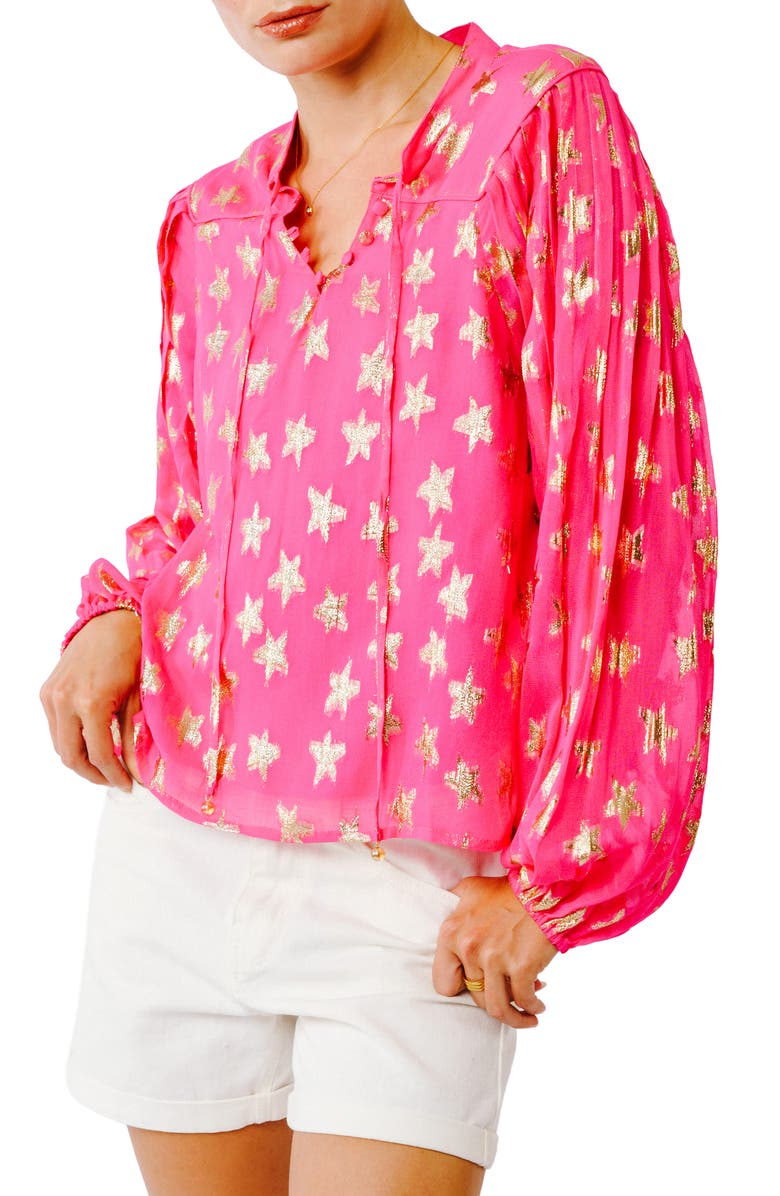 CIEBON Burnelle Metallic Star Long Sleeve Peasant Top, Main, color, Neon Pink