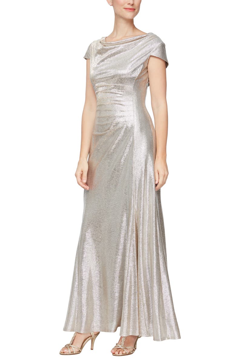 Alex Evenings Metallic Cap Sleeve A-Line Gown, Main, color, 