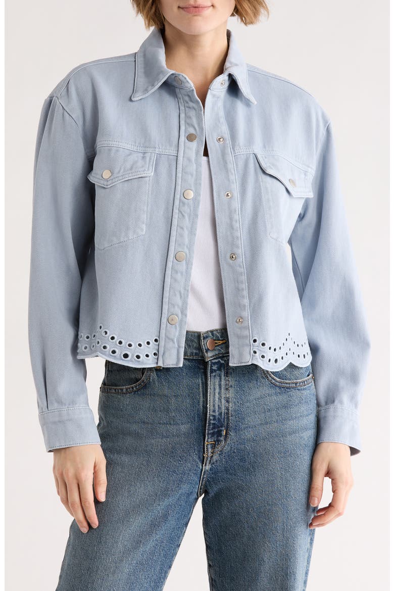 Embroidered Eyelet Scallop Crop Denim Jacket, Main, color, WASHED BLUE