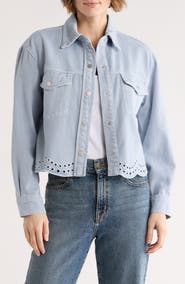 Daniel Rainn Embroidered Eyelet Scallop Crop Denim Jacket