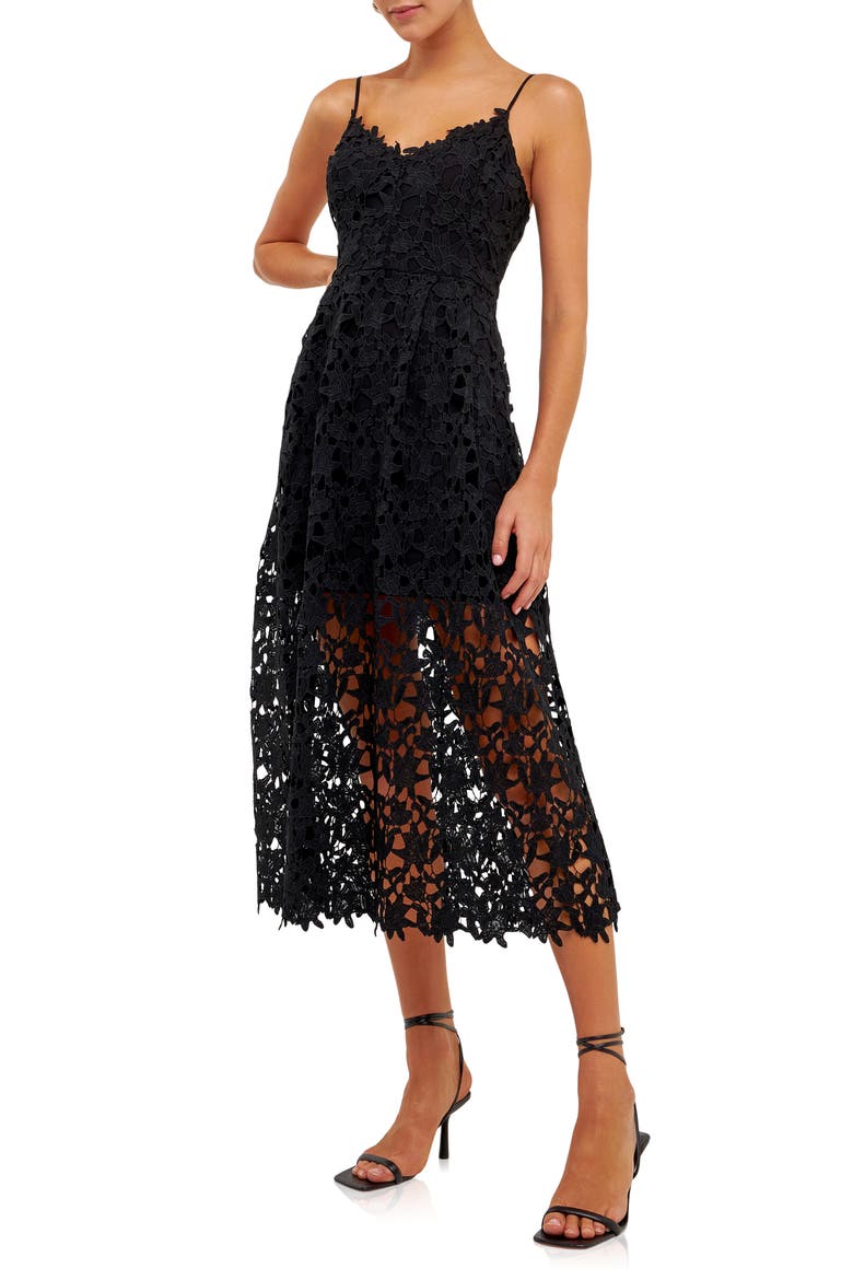 Lace Spaghetti Strap Midi Dress, Alternate, color, BLACK