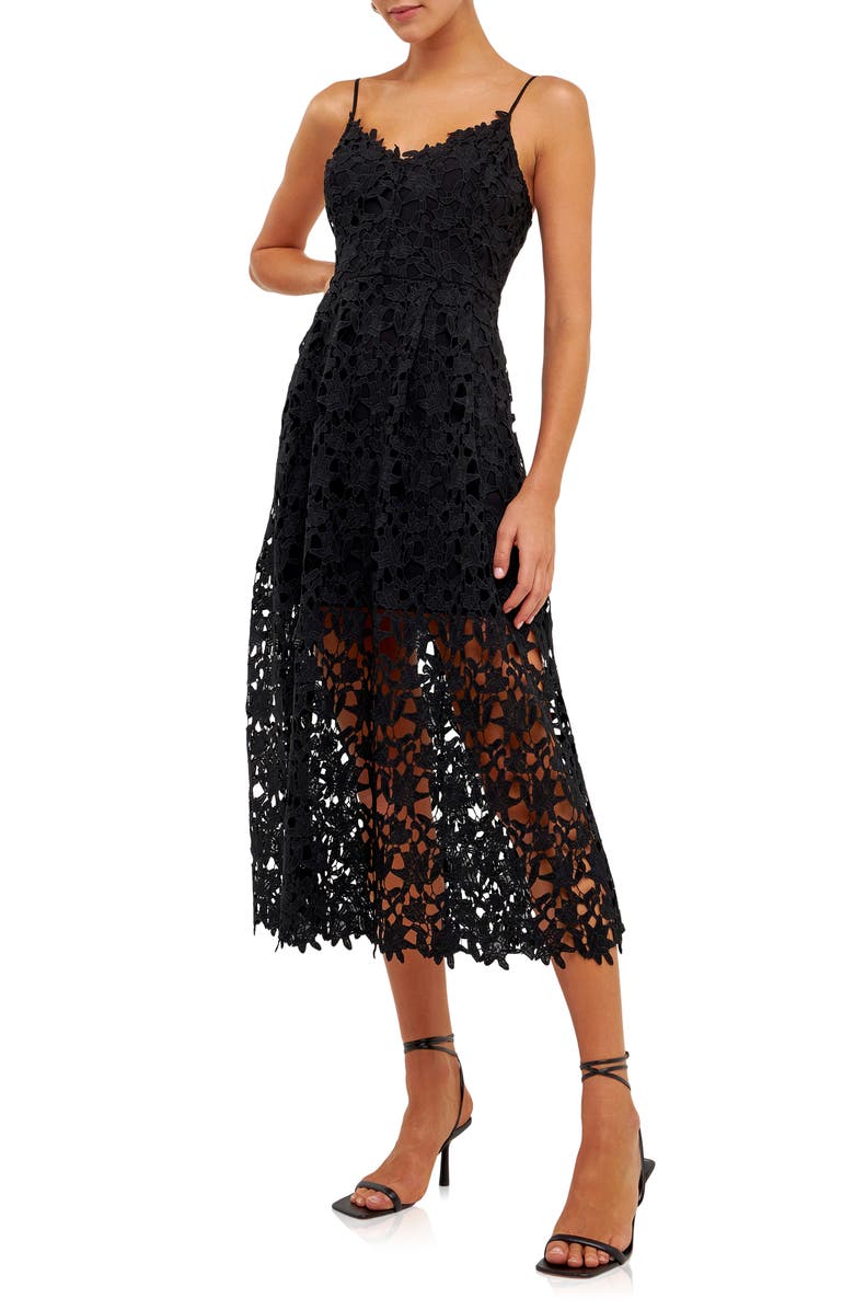 Endless Rose Lace Spaghetti Strap Midi Dress, Alternate, color, Black