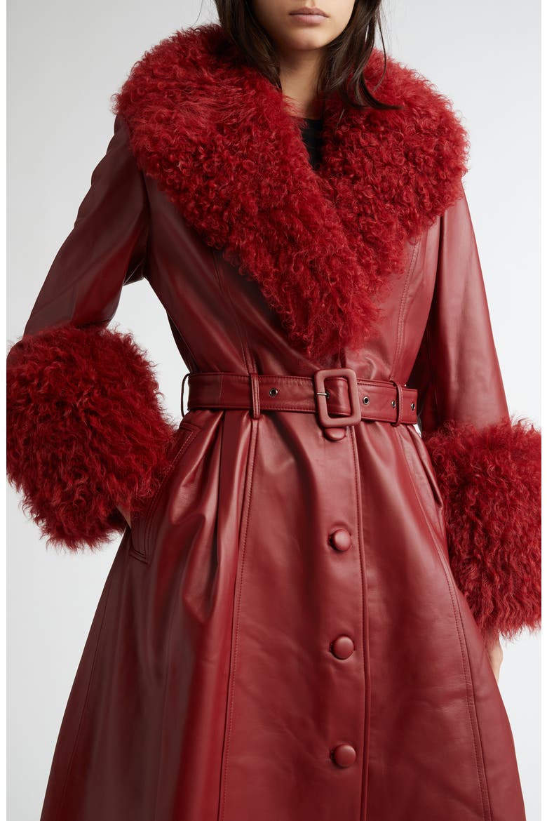 Foxy Genuine Shearling Trim Leather Coat (Nordstrom Exclusive), Alternate, color, SYRAH