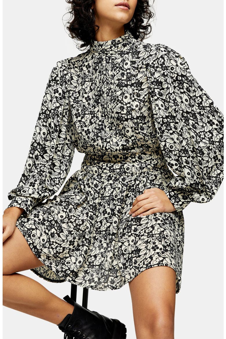 Pintuck Mock Neck Long Sleeve Minidress, Alternate, color, BLACK MULTI