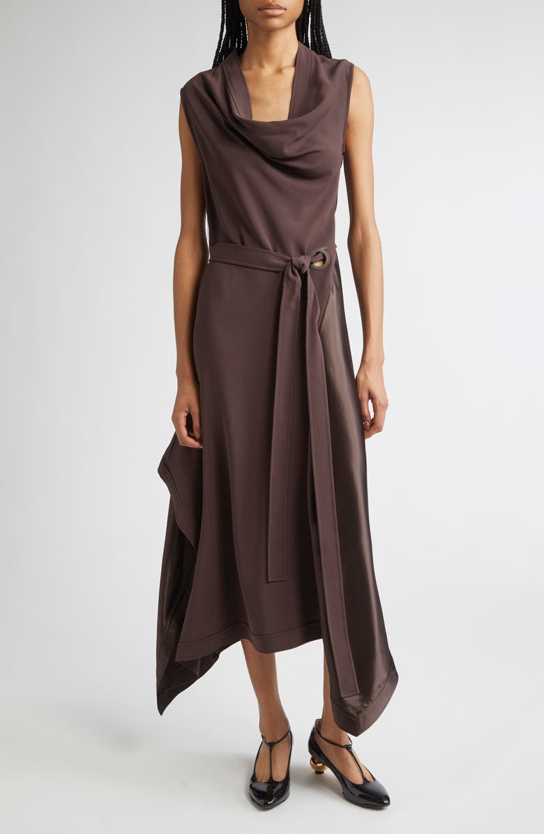 FERRAGAMO Belted Asymmetric Satin & Cady Dress, Main, color, Expresso