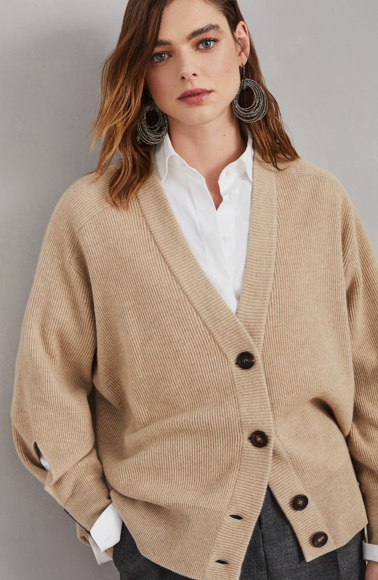 Brunello Cucinelli Cashmere English rib cardigan with shiny cuff details, Alternate, color, 