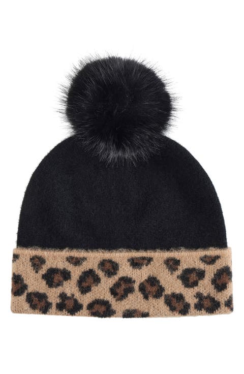 Cashmere Leopard Pompom Beanie