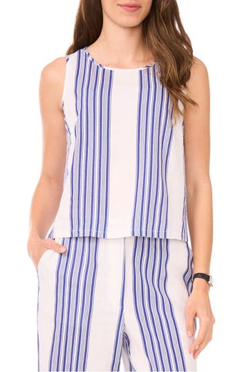 Halogen ® Stripe Sleeveless Linen Blend Shell In Blue