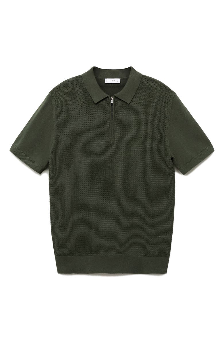 MANGO Openwork Knit Quarter Zip Polo, Alternate, color, Khaki Green