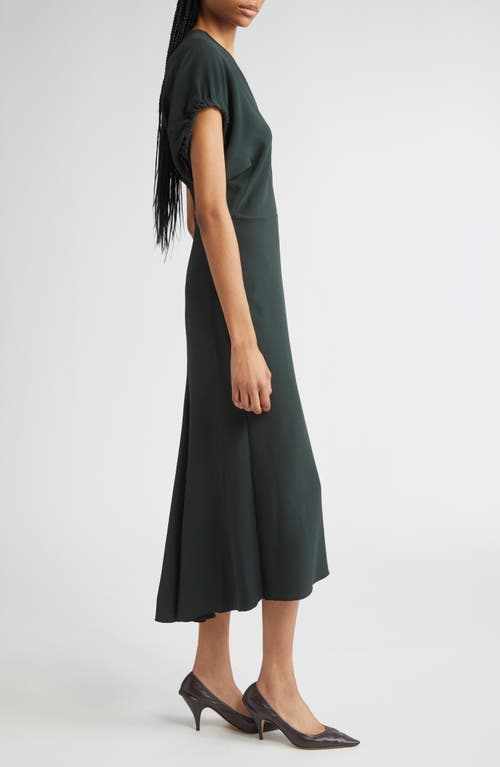 Victoria Beckham Green Midi Dress With Ruched Sleeves And V Neck In Black