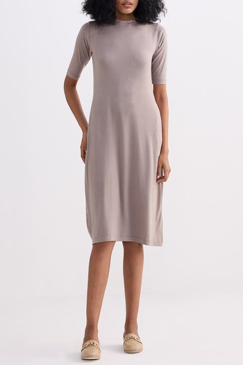 High Neck Elbow Sleeves Fitted Dress