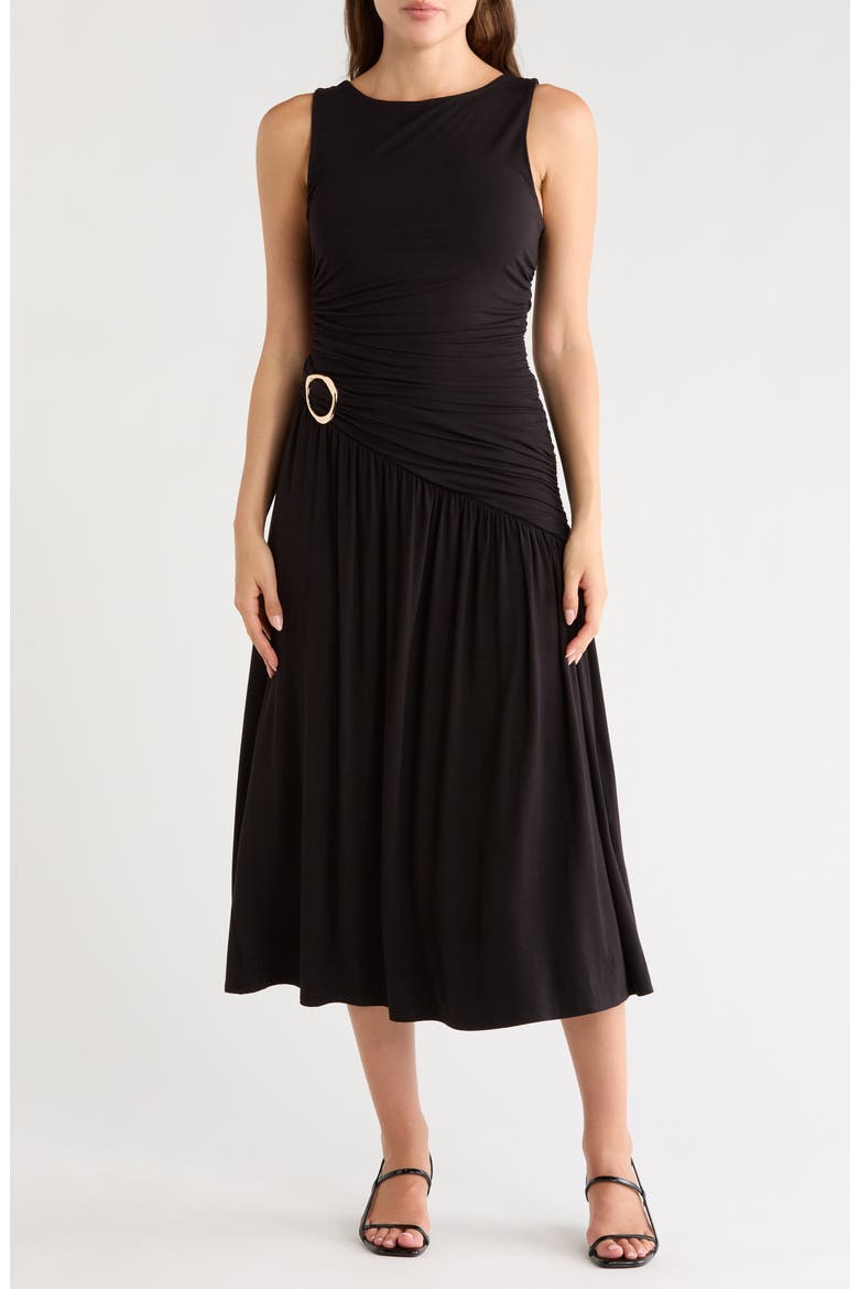 Ruched Ring Midi Dress, Main, color, BLACK