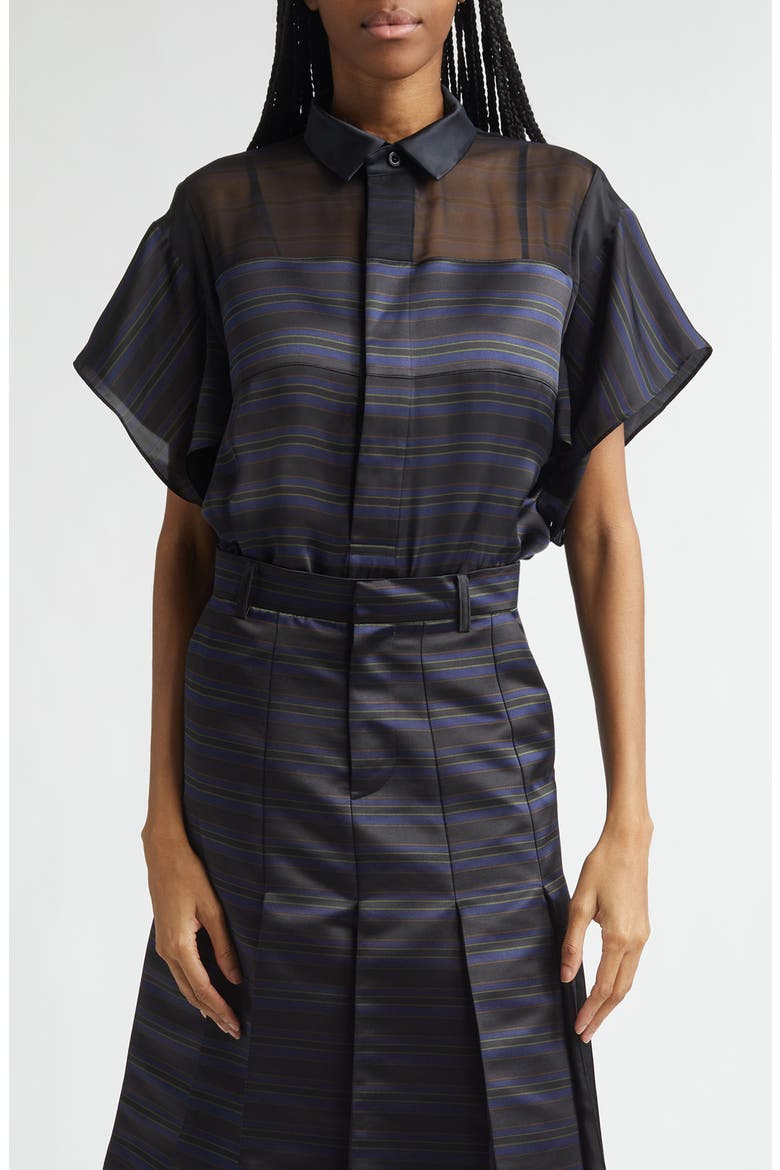 Short Sleeve Mixed Media Button-Up Shirt, Main, color, BLACK/ NAVY