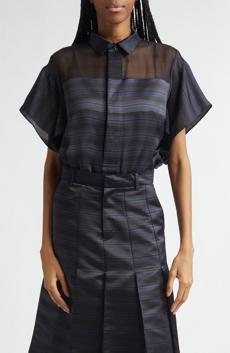 Sacai Short Sleeve Mixed Media Button-Up Shirt, Main, color, Black/ Navy