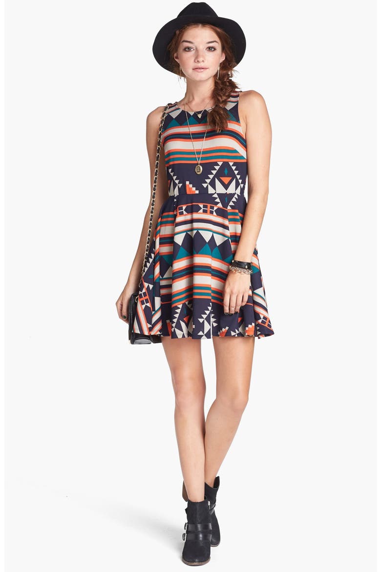 dee elle Geometric Pattern Skater Dress, Alternate, color, ORANGE/ NAVY