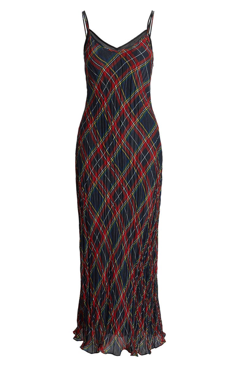 Ralph Lauren Plaid Shiny Lamé Slipdress, Alternate, color, Red Black Multi Plaid