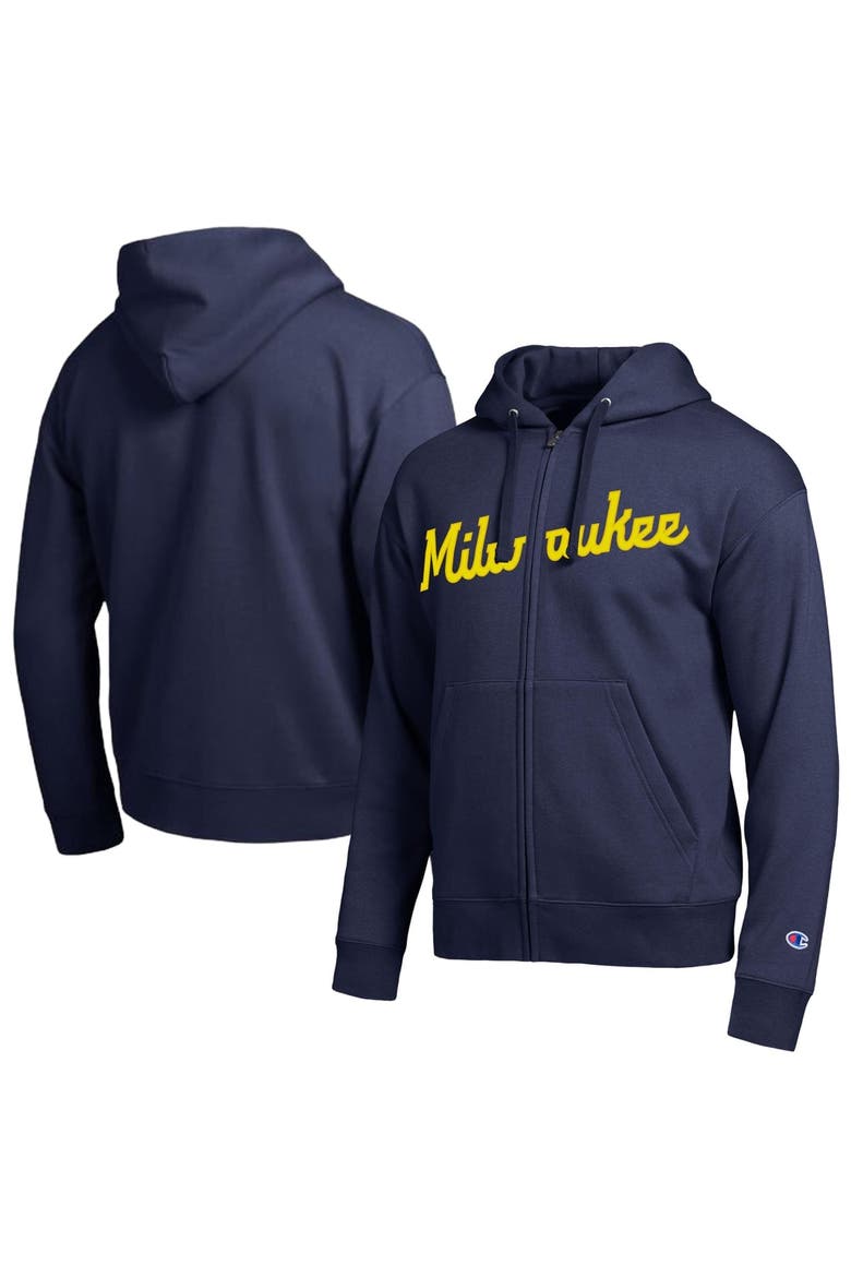 Men's Champion Milwaukee Brewers Navy All-Star Wordmark Full-Zip Hoodie, Main, color, Navy