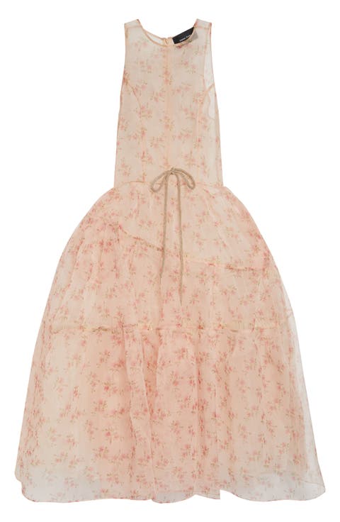 Tapered Back Flounce Floral Sheer Organza Dress