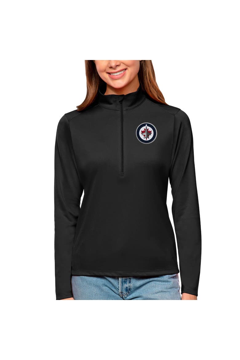 Women's Antigua Black Winnipeg Jets Tribute Quarter-Zip Pullover Top, Main, color, Black