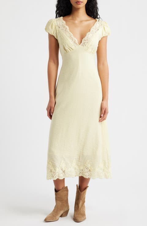 Eyelash Lace Trim Puff Sleeve Maxi Dress