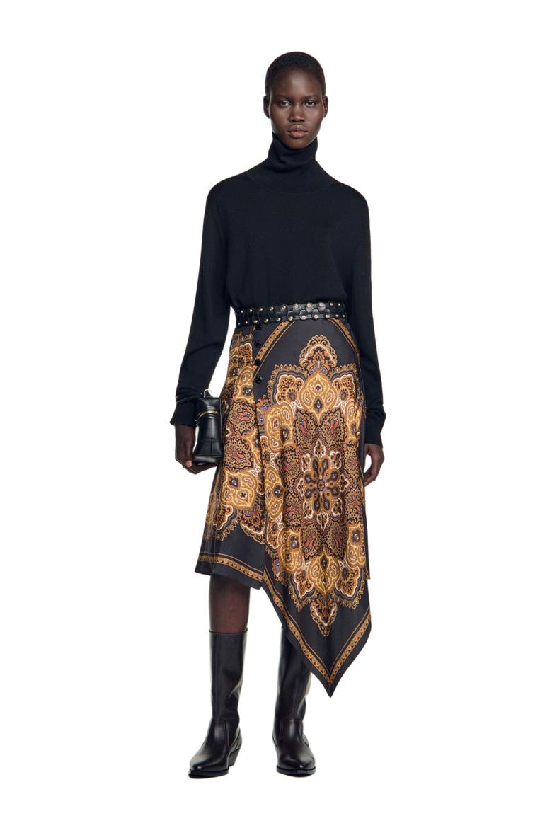 Asymmetrical scarf print skirt, Alternate, color, Black / ocher
