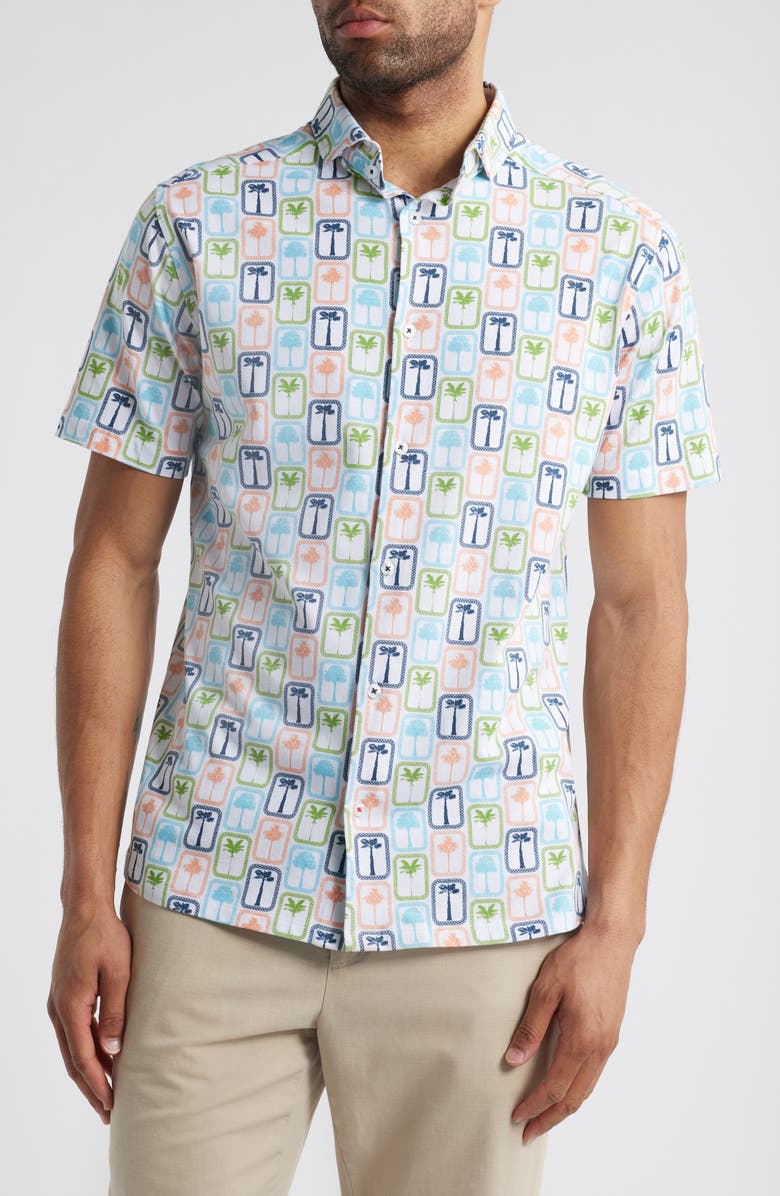 Stone Rose Boardwalk Palm Performance Short Sleeve Button-Up Shirt, Main, color, 