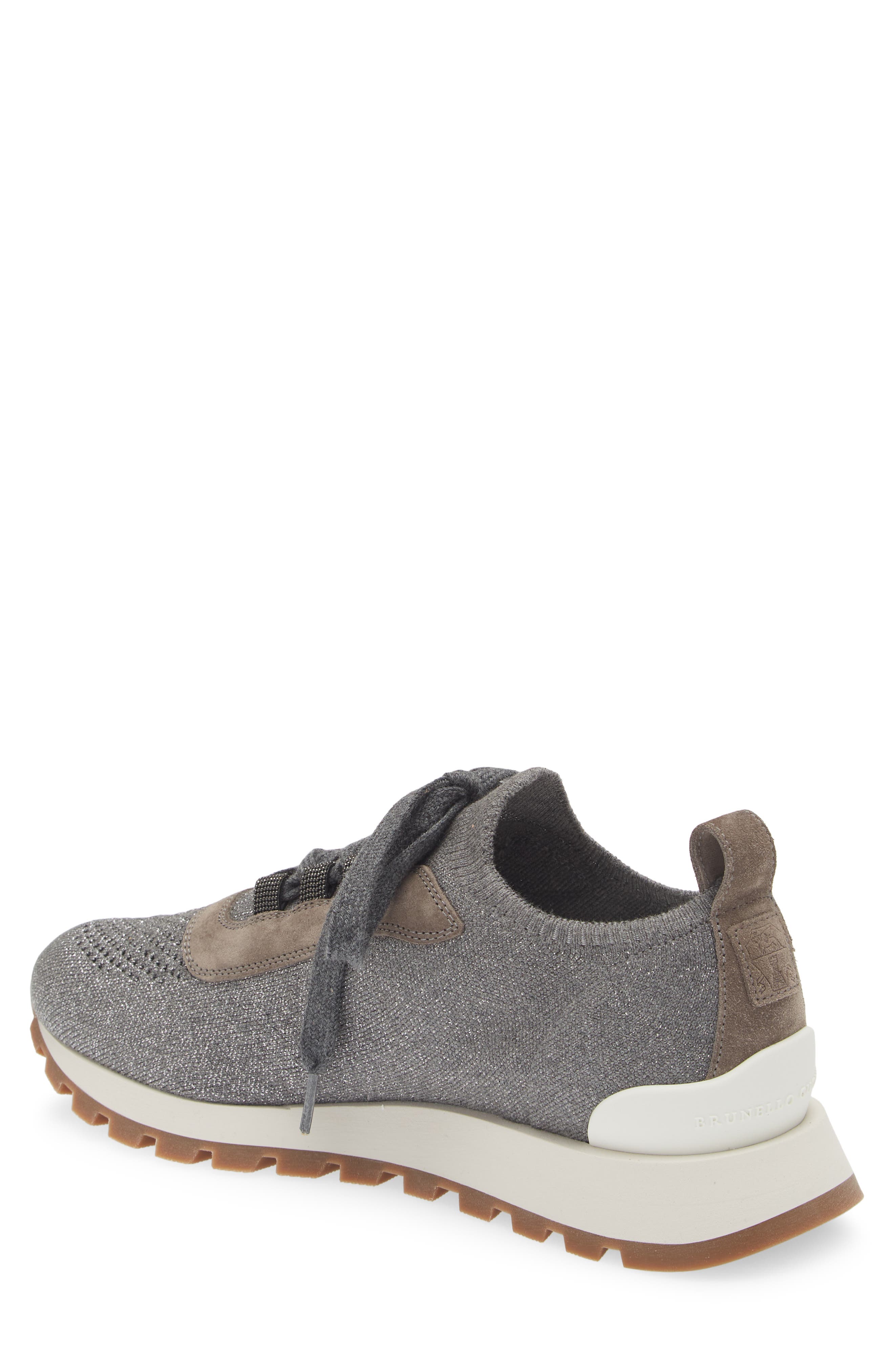 Brunello Cucinelli Monili Metallic Knit Lace-Up Sneaker, Alternate, color, Grey