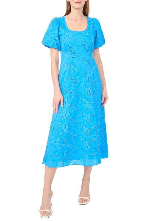 Embroidered Eyelet Bubble Sleeve Cotton Midi Dress