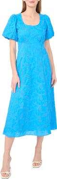 CeCe Embroidered Eyelet Bubble Sleeve Cotton Midi Dress